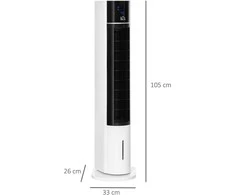 HOMCOM bokštinis ventiliatorius su nuotolinio valdymo pulteliu, 105 cm, 52° svyruojantis koloninis ventiliatorius, 3 režimai, 3 greičio lygiai, 12 val. laikmatis, LED ekranas, baltas