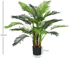 Dirbtinis augalas HOMCOM, dirbtinė palmė, 100 cm, 27 šakos, kambarinis augalas, dirbtinis medelis, dekoracija vidaus ir lauko erdvėms, žalia