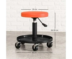 HOMCOM dirbtuvės taburetė su ratukais ir daiktadėže, reguliuojamo aukščio 38-50 cm, iki 135 kg apkrovos, besisukanti, apvali darbastalių sėdynė, Ø38 cm, oranžinė