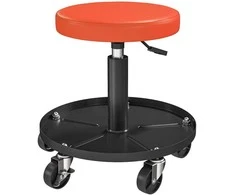 HOMCOM dirbtuvės taburetė su ratukais ir daiktadėže, reguliuojamo aukščio 38-50 cm, iki 135 kg apkrovos, besisukanti, apvali darbastalių sėdynė, Ø38 cm, oranžinė