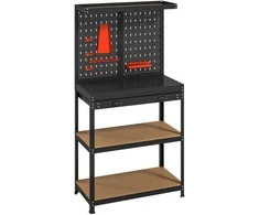 HOMCOM Dirbtuvių stalas 80 x 40,5 x 155 cm, su perforuota sienele, kabliukais, stalčiumi, 2 lentynomis, juodas