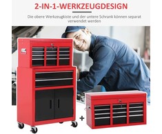 HOMCOM dirbtuvių vežimėlis su įrankių dėže, tuščias, rakinamas, su 6 stalčiais, spintele, neslystančiais kilimėliais, 2 raktais, metalinis, raudonas ir juodas