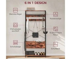 HOMCOM Drabužinė su batų lentyna, kabykla su suoliuku, 10 kabliukų, 2 audinių stalčiai, drabužių strypas, medžio drožlių plokštė, metalas, ruda