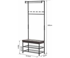 HOMCOM rūbų kabykla su suoliuku, drabužių kabykla ir batų lentyna, metalinė, 2 batų lentynos, sėdimoji vieta, 72,5x35x180 cm