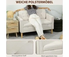 HOMCOM Dviejų vietų sofa su daiktadėže, sagčių apdaila, pagalvėlėmis, kaučiuko mediena, 117x62x78cm, kreminės baltos spalvos