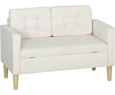 HOMCOM Dviejų vietų sofa su daiktadėže, sagčių apdaila, pagalvėlėmis, kaučiuko mediena, 117x62x78cm, kreminės baltos spalvos