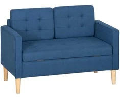 HOMCOM Dvivietė sofa su daiktadėže, su sagų raštais, pagalvėlės, kaučiukmedžio mediena, 117x62x78cm, Mėlyna
