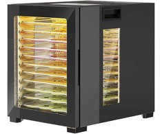 HOMCOM Džiovintuvas, 850 W, 40–70 °C temperatūros reguliatorius, 48 valandų laikmatis, 12 nerūdijančio plieno padėklų, juodas