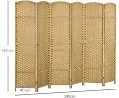 HOMCOM 6 dalių širma 240 x 170 cm kambario pertvara iš bambuko, sulankstoma sienelė, privatumo uždanga svetainei, natūrali