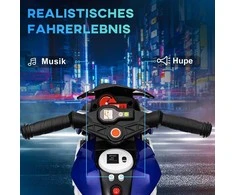 HOMCOM elektrinis vaikiškas motociklas, šviesos ir garsai, 3 km/h, įkraunamas, plastikas ir metalas, mėlyna/balta