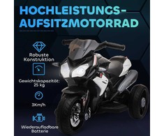 HOMCOM Elektrinis vaikiškas motociklas, šviesos ir garsai, 3 km/h, įkraunamas, plastikas ir metalas, juoda/balta