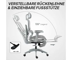 HOMCOM biuro kėdė, ergonomiška darbo kėdė su tinklelio audiniu, reguliuojama, su ratukais, su porankiais, galvos atrama, pilka