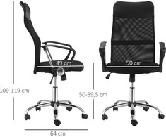 HOMCOM ergonominė biuro kėdė, žaidimų kėdė, pasukama kėdė su supimosi funkcija, reguliuojamo aukščio darbo kėdė, porolonas, tinklelis, juoda