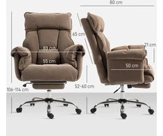 HOMCOM Ergonomiška biuro kėdė, pasviręs atlošas, kojų atrama, minkštas audinys, šviesiai rudos spalvos