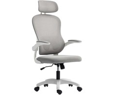 HOMCOM Ergonomiskas biroja krēsls ar sieta atzveltni, regulējama augstuma, salokāmi elkoņbalsti, 5 riteņi, šūpošanās funkcija, pelēks