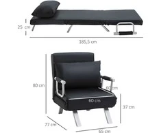 HOMCOM išskleidžiamas krėslas, 2-viename sofa-lova, reguliuojamas poilsio krėslas su atlošu ir pagalve, svečių lova iki 100 kg, juodas