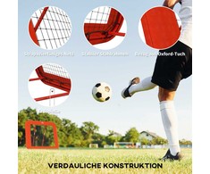 "HOMCOM" futbolo atmušiklis, sulankstomas futbolo atmušiklis su apsauginiu kraštu, kaiščiais, 5 pakopų reguliuojamo aukščio atmušimo sienelių tinklu rankiniui, tinkliniui ir krepšiniui, raudonos spalvos