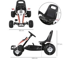 HOMCOM Go Kart vaikams Automobilis su pedalais ir stabdžiais, plieninės konstrukcijos, baltos spalvos, 104x66x57 cm, skirtas 3-8 metų vaikams