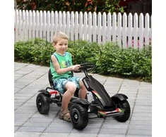 HOMCOM GoKart, pedalinė transporto priemonė, pedalinis automobilis su rankiniais stabdžiais, vaikiška transporto priemonė su reguliuojama sėdyne, pedalinė, keturratis 5-12 metų vaikams, lauko, juodas