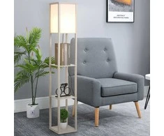 HOMCOM Grindinis šviestuvas su 3 lentynomis Grindinis šviestuvas, interjero apšvietimas, E27, iki 40 W, E1-MDF, akrilas, ąžuolas+balta, 26x26x160 cm