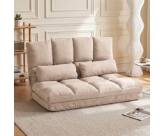 Fotelis HOMCOM 2-in-1 grindų sėdynė, sofa-lova su 3 padėčių reguliuojamu atlošu, aksominė, smėlio spalvos, 102x73x60 cm