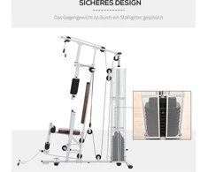 HOMCOM treniruoklių stotis, daugiafunkcis jėgos treniruoklis su svoriais, kojų tiesimo funkcija, metalas, PU dirbtinė oda, baltas, 150 x 110 x 210 cm