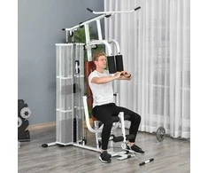 "HOMCOM Gym" treniruoklių salė Stiprumo stotis Fitneso stotis Multigym Fitneso centras Treniruoklių salė su svarmenimis Kojų lenkimas Metalas PU dirbtinė oda Balta 150 x 110 x 210 cm