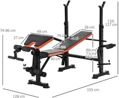 HOMCOM Hantelių suolas be svarmenų, reguliuojamas fitneso suolas įvairioms treniruotėms, treniruočių stotis, plienas, plastikas, juoda+raudona