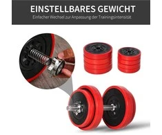 HOMCOM 20 kg 2-in-1 hantelių ir štangos rinkinys, reguliuojamas, raudona/juoda, 21,5x21,5x3,8 cm, skirtas sportui namuose ir raumenų treniruotėms