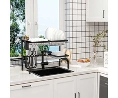 HOMCOM Indų nusausinimo stovas 2 pakopų indų nusausinimo stovas, nusausinimo stovas su kabliuku, nusausinimo padėklas, plienas, juodas, 51-93 cm