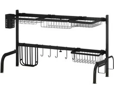 HOMCOM Indų nusausinimo stovas 2 pakopų indų nusausinimo stovas, nusausinimo stovas su kabliuku, nusausinimo padėklas, plienas, juodas, 51-93 cm
