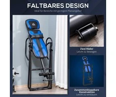 Homcom Inversinis sulankstomas treniruoklis su judančiais ratukais, reguliuojama nugaros pagalvėle, metalinis ABS, juodas+mėlynas, 132x71x145cm