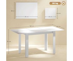 Išskleidžiamas valgomojo stalas HOMCOM, 120–160 x 70 cm, reguliuojamas virtuvės stalas 4–6 asmenims, MDF, blizgi balta spalva