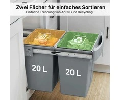 HOMCOM Ištraukiama šiukšliadėžė, 2 x 20 L, su nuimamais konteineriais, plastikas, metalas, pilka