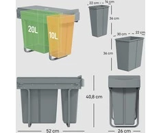 HOMCOM Ištraukiama virtuvės šiukšliadėžė su 2 išimamais konteineriais, rankena, 30 litrų (20 L+10 L), metalinė, pilka