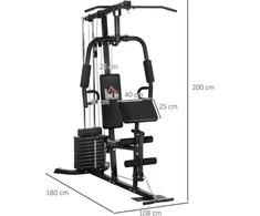 HOMCOM jėgos staklės su latissimus traukimo ir drugelio funkcija, 45 kg svorių rinkinys, plienas, dirbtinė oda, juodos spalvos, 180 x 108 x 200 cm