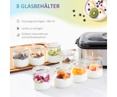 HOMCOM jogurto gaminimo aparatas, 25 W, LCD ekranas, 8 stikliniai indeliai su dangteliais, 180 ml, reguliuojama temperatūra, PC ir PP plastikas