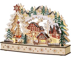 Kalėdinis kaimelis su 20 LED lempučių, natūralaus medžio spalvos, 45 × 12 × 30 cm