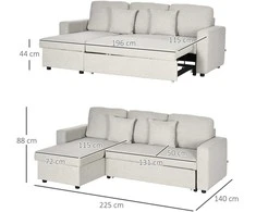 HOMCOM kampinė sofa-lova, kampinė sofa, lovos funkcija, dvivietė sofa, viengulė lova, L formos miegamoji sofa su daiktadėže, 2 pagalvės lino imitacija, skirta svetainei, kreminė balta