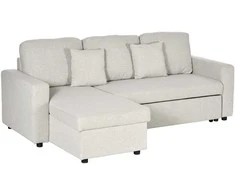 HOMCOM kampinė sofa-lova, kampinė sofa, lovos funkcija, dvivietė sofa, viengulė lova, L formos miegamoji sofa su daiktadėže, 2 pagalvės lino imitacija, skirta svetainei, kreminė balta