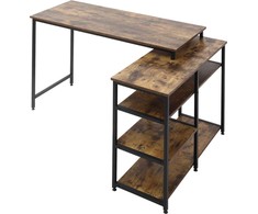 HOMCOM kampinis rašomasis stalas, L formos kompiuterio stalas su lentyna ir stalčiumi, biuro stalas, medžio drožlių plokštė, metalas, kaimiška ruda spalva, 135x90x79 cm