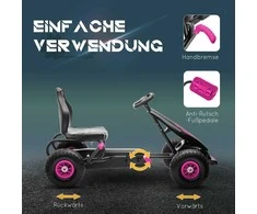 HOMCOM Kartingas, vaikiška transporto priemonė su reguliuojama sėdyne, pedalinė transporto priemonė su guminėmis padangomis, pedalais ir rankiniu stabdžiu, keturratis 5-12 metų vaikams, lauko, rožinės spalvos