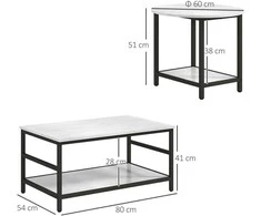 HOMCOM kavos staliukų komplektas iš 2 dalių, šoninis staliukas, žurnalinis staliukas, modernaus dizaino, svetainės stalas su marmuro imitacija, miegamajam, plienas