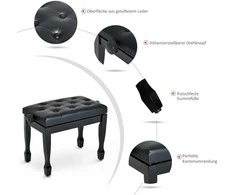HOMCOM pianino suoliukas, kėdė pianinui, kosmetinė kėdutė, reguliuojamo aukščio taburetė muzikavimo pratyboms, medžio masyvas, dirbtinė oda, juoda, 64 x 35 x 45-55 cm