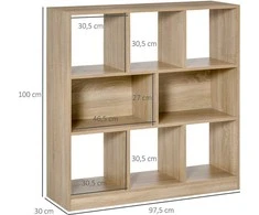 HOMCOM knygų lentyna, natūralaus atspalvio, 3 aukštų laikymo lentyna, biuro lentyna, ekspozicinė lentyna namų biurui/svetainei, 97,5x30x100cm (Ekspozicinė prekė)