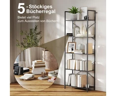 HOMCOM knygų lentyna, pastatoma lentyna su 5 pakopomis, pramoninio stiliaus biuro lentyna su metaliniu rėmu, atvira saugojimo lentyna svetainei, biurui, darbo kambariui, 60x30x170,5 cm, juoda