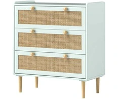 HOMCOM Komoda šoninė spintelė su 3 stalčiais, boho stiliaus, rotango išvaizdos, stalčių komoda svetainei, miegamajam, šviesiai mėlyna 80 x 40 x 87,5 cm