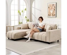 HOMCOM L formos kampinė sofa su lanksčia atrama kojoms, 3 vietų sofa su 2 pagalvėmis, metalinis rėmas, svetainei, smėlio spalvos