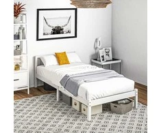 HOMCOM lovos rėmas Medinė lova su groteliniu rėmu, 208 x 96 cm lovos rėmas su galvūgaliu, viengulės miegamojo lovos rėmas, baltos spalvos