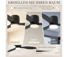 HOMCOM lubinis ventiliatorius su apšvietimu ir nuotolinio valdymo pulteliu, 115 cm, LED lempa su ventiliatoriumi, reversinis DC variklis, 3 sparnai, 3 šviesos spalvos, 6 greičiai, laikmatis, lubinis ventiliatorius miegamajam
